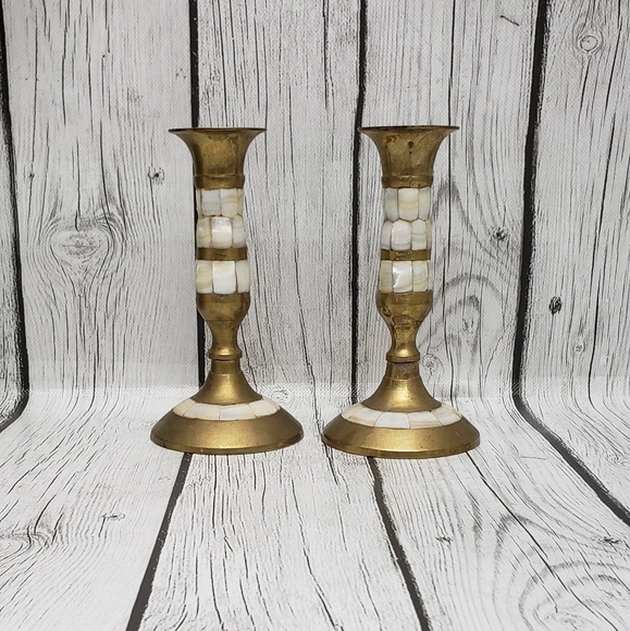 Vintage Brass, Mother of Pearl Inlay Candle Holders for Candlesticks, Set of 2 - Picture 1 of 7